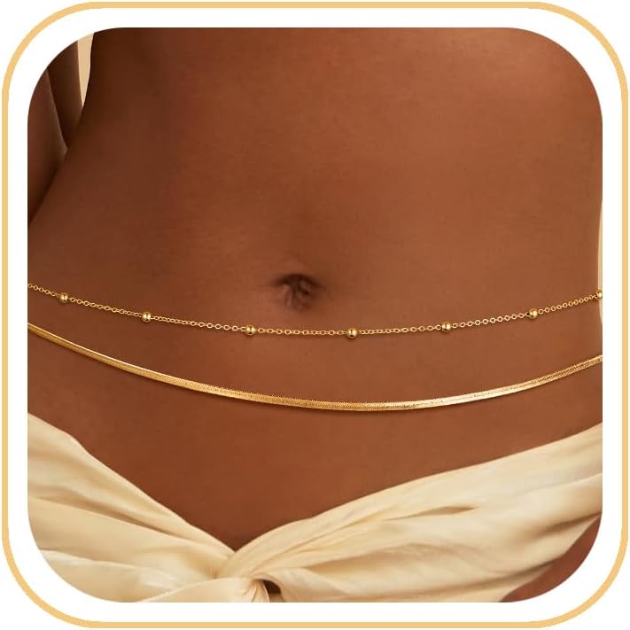 CHESKY 14K Gold Plated Waist Chain for Women, Layered Waist Beads | Silver Plated Gold Body Chains, Beach Summer, Waterproof Snake Belly Belt Chain, Festival Jewelry Accessories for Women