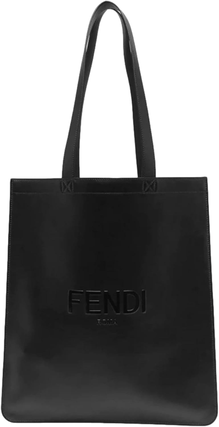 FENDI Roma Embossed Logo Black Calf Leather Large Shopping Tote Bag