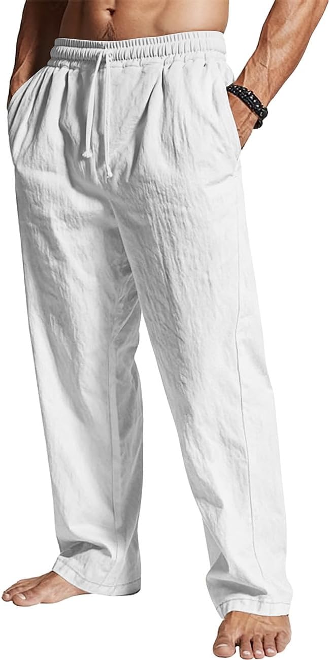 Men's Casual Linen Pants Loose Fit Drawstring Waist Lightweight Linen Trousers Summer Yoga Beach Long Pants