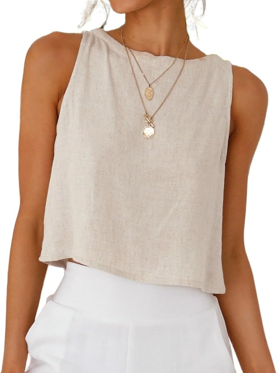 IDEALSANXUN Womens Linen Crop Tank Tops 2026 Spring Summer Sleeveless Tops
