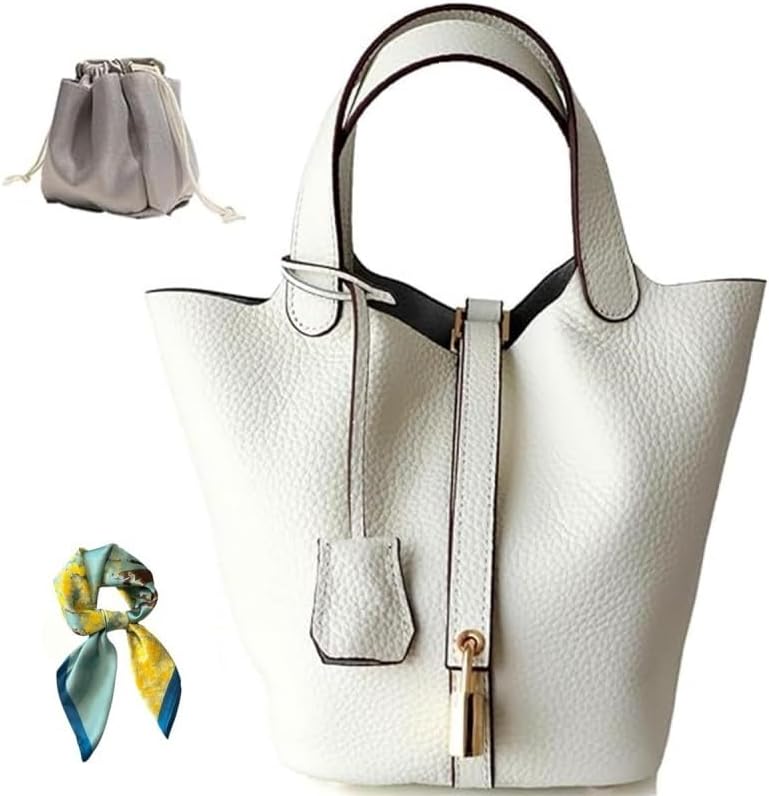 Genuine Leather Bucket Bag for Women: Lock Design Shoulder Handbag Versatile Top-Handle Tote Fashionable Vegetable Basket