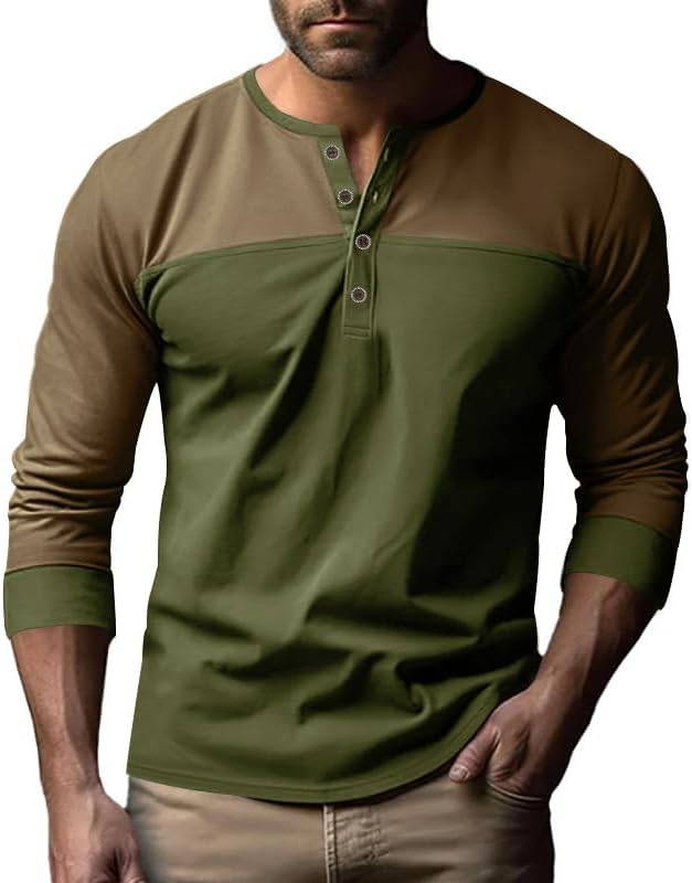 Men Button Down Henley Shirt V-Neck Color Block Slim Fit Long Sleeve Blouses Classic Vintage Casual Pullover