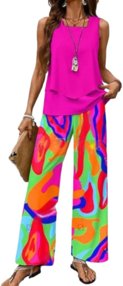 Women's Summer 2 Piece Sets Floral Sleeveless Tiered Tank Top and Wide Leg Pants Casual Loose Cruise Vacation Outfits