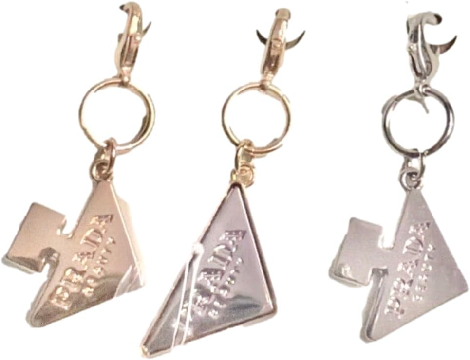 Prada Beauty Triangle Metal Logo Gift Small Charm - 3 Charms included. Perfect for keys chains bags necklaces (6260)