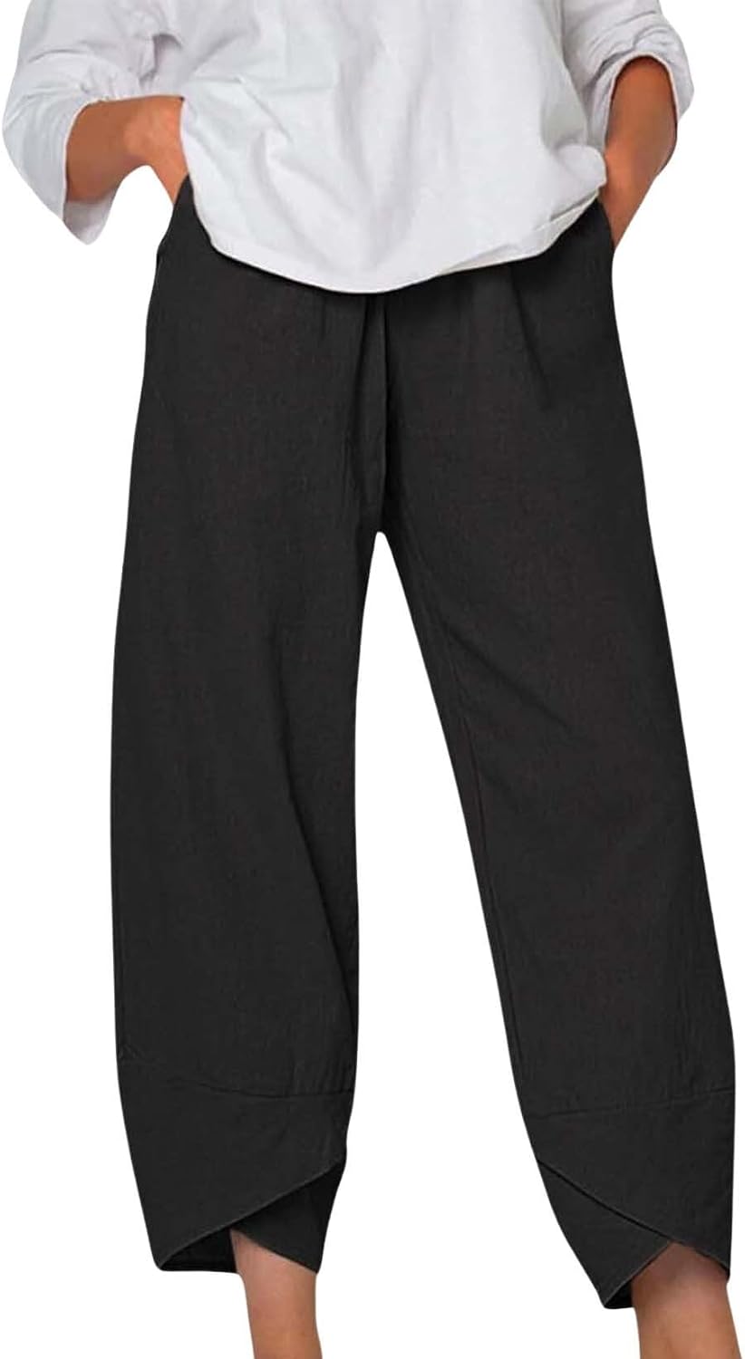 Zhyaj Cotton Linen Pants Women Summer Plus Size Boho Pants 2026 Lightweight Hight Waist Linen Vacation Beach Pants Pockets
