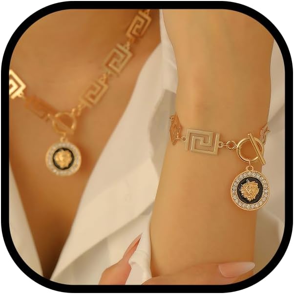 Gold Necklace Set For Women, 14k Gold-Plated Necklaces Bracelet And Earrings With Cubic Zirconia Lion Pendant Luxurious Metallic Style Jewelry Gift