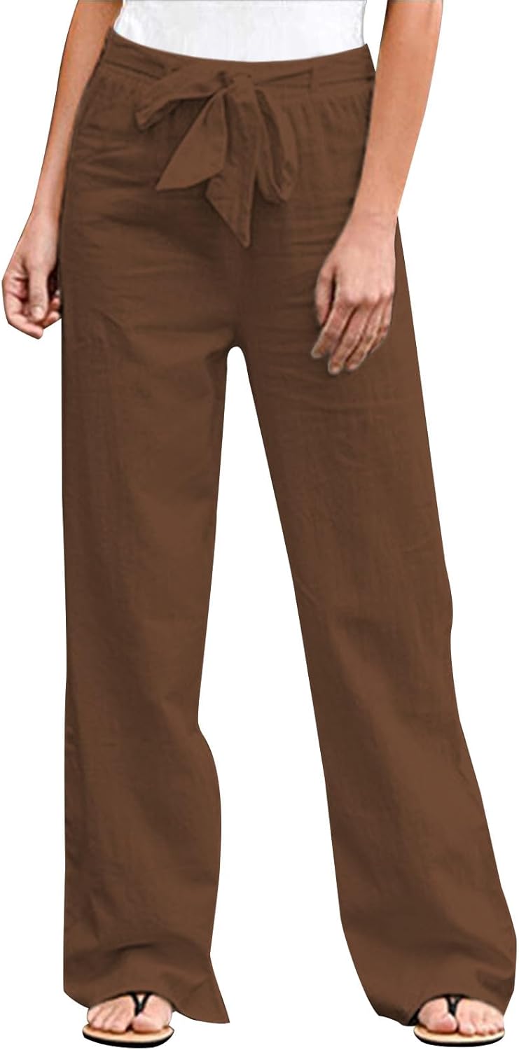 Zhyaj Summer Wide Leg Linen Capri Pants for Women Loose Fit Drawstring Elastic Waist Cotton Palazzo Trousers with Belt