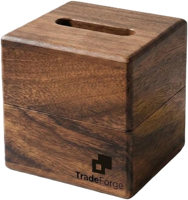 TradeForge South American Black Walnut Wooden Tissue Box Cover Square - Magnetic Bottom Holder for Bathroom, Office & Living Room Decor - Decorative Wooden Case for Minimalist, Modern Home Styling