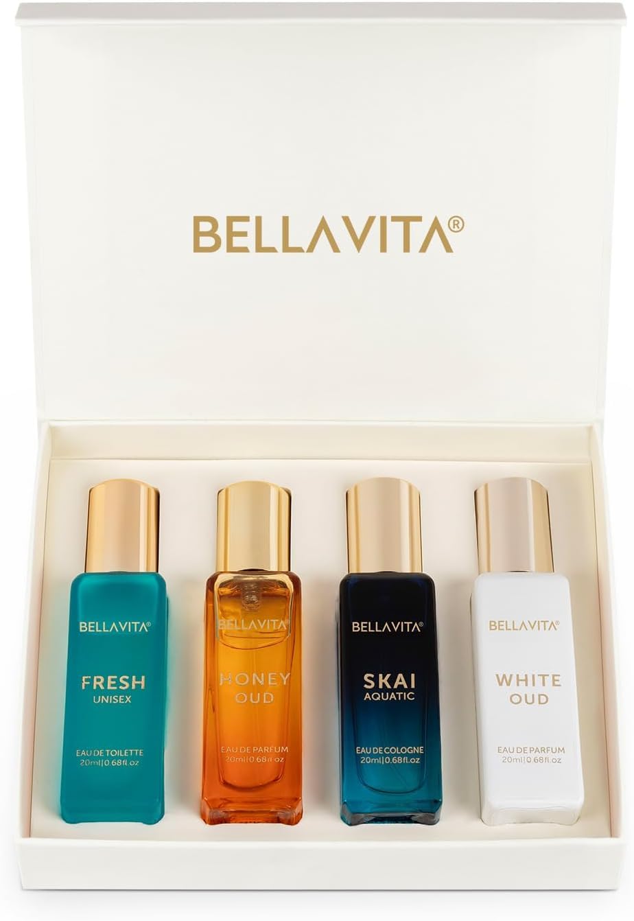 BellaVita Luxury Unisex Perfume Gift Set | 4 x 20 ml Gift Set | Unisex Perfume Gift Set with 4 travel-size fragrances: Fresh, Honey Oud, Skai & White Oud for Men & Women.