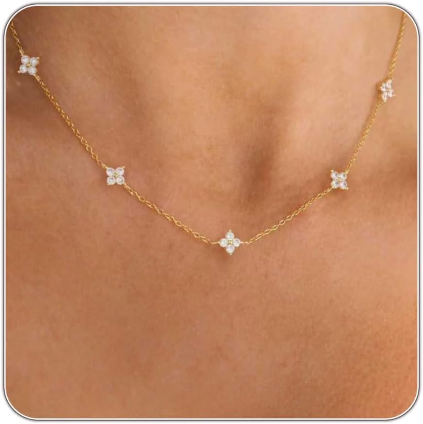 Dainty Silver Gold Necklaces for Women Cute Station Choker Simulated Diamond Necklace Simple Layering CZ Necklace Trendy Jewelry Gifts