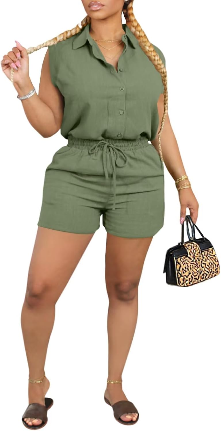 acelyn Womens 2 Piece Outfits Summer Sleeveless Button Down Shirt Tops Shorts Sets Resort Wear Lounge Beach Casual Tracksuits