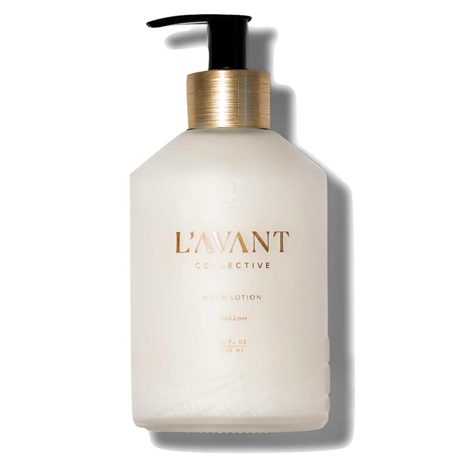 L'AVANT Luxury Hand Lotion, Plant-Based Moisturizer, Fresh Linen, 10 Fl Oz | Shea butter and squalane, fast-absorbing, non-greasy, plant-based, refillable glass pump bottle, cruelty-free, Fresh Linen