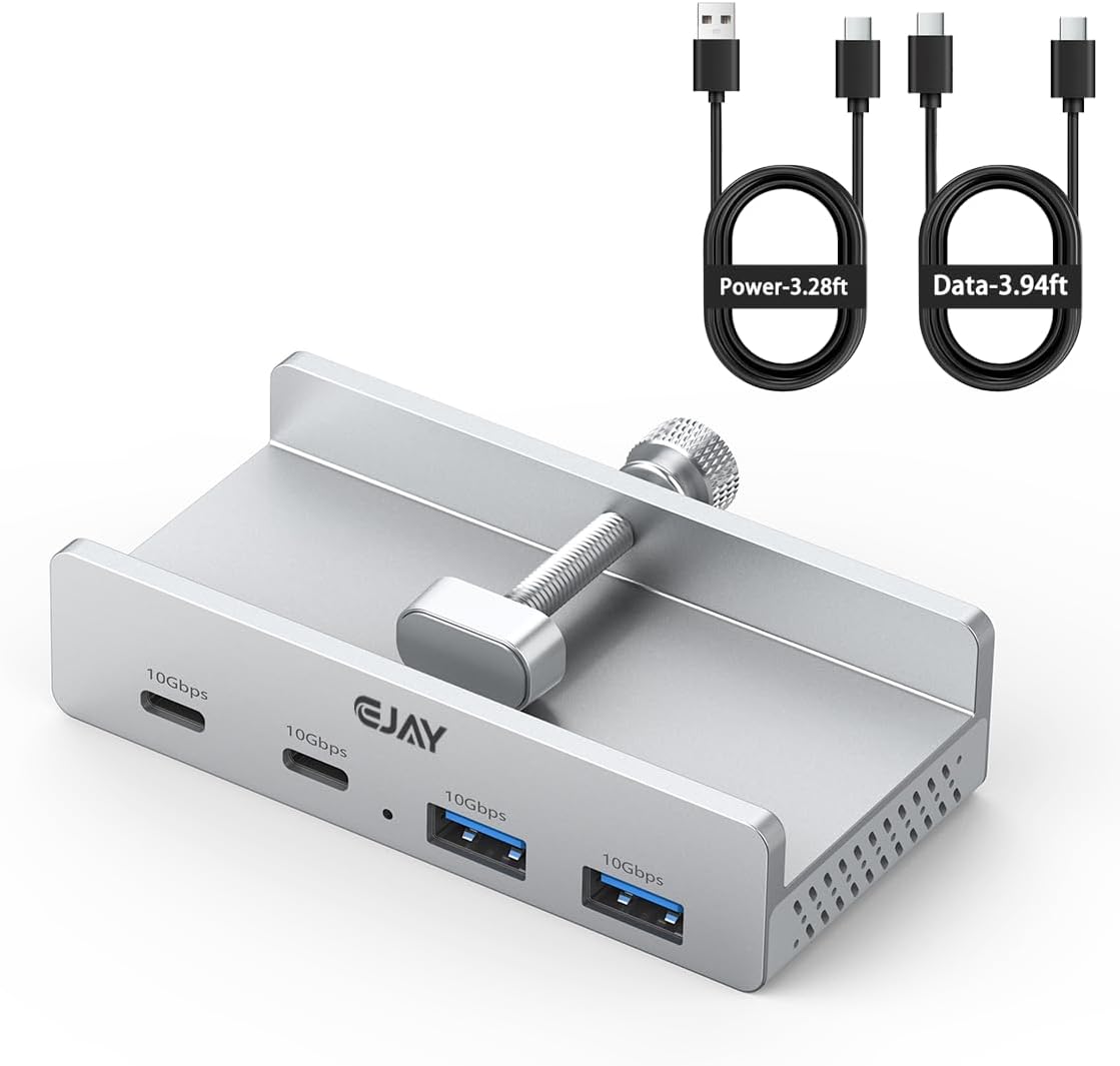 EJAY Clamp USB Hub 4-Port (2A2C) 10Gbps Hub for iMac & PC | | Aluminum | Mountable Splitter | Desktop Edge Fixed Hub | Home Office Setup | 47.2" Long Cable