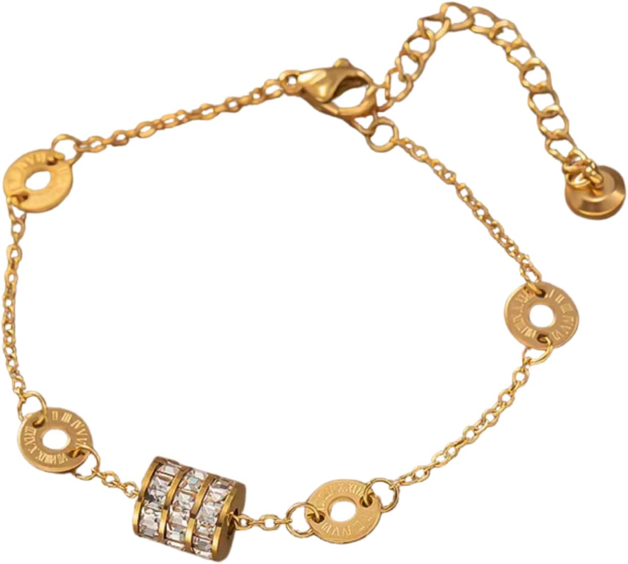 Luxury 18K Gold Crystal Chain Bracelet, Roman Numeral Design with Spinner Bead, Adjustable Dainty Link Fashion Jewelry for Women, Anniversary Birthday Gift