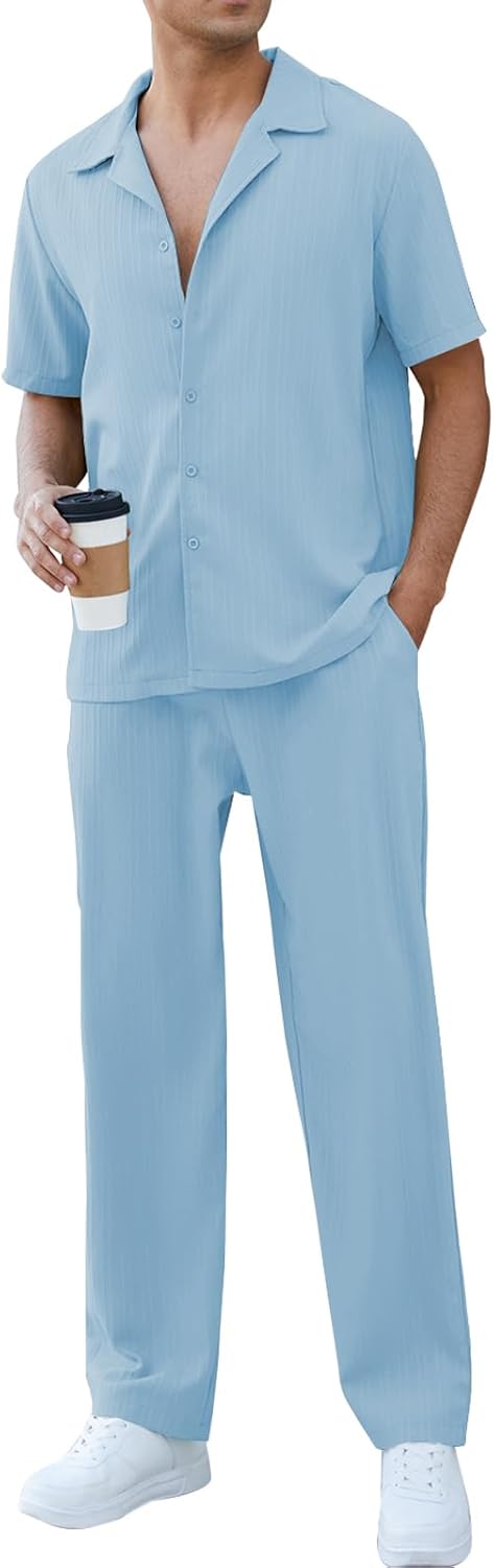 FIMTNES Mens 2 Piece Sets Casual Short Sleeve Button Down Shirts and Loose Pants Summer Beach Vacation Outfits