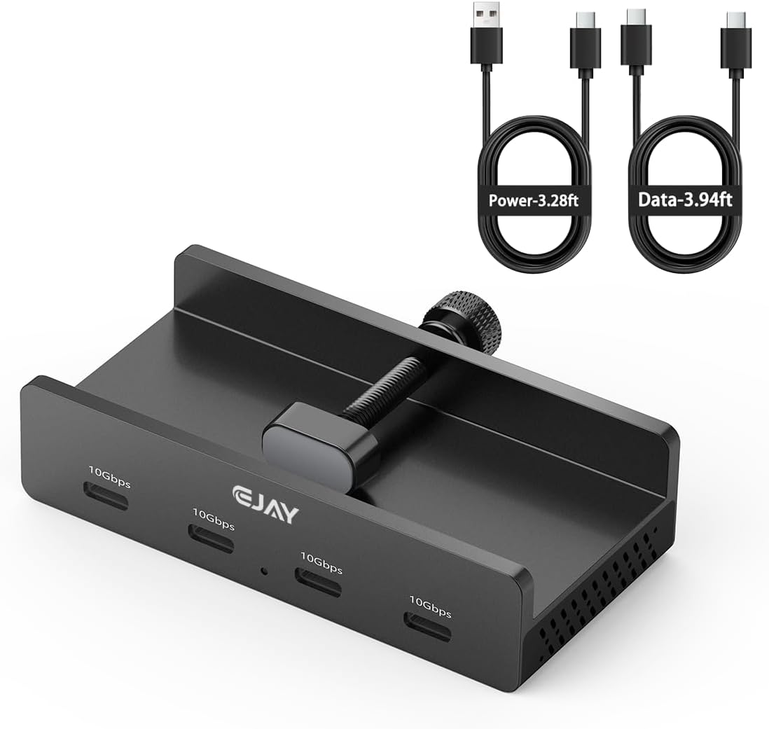 EJAY Clamp 4-Port 10Gbps USB-C Hub for iMac & PC | Aluminum | Mountable Splitter | Desktop Edge Fixed Hub | Home Office Setup | 47.2" Data Cable