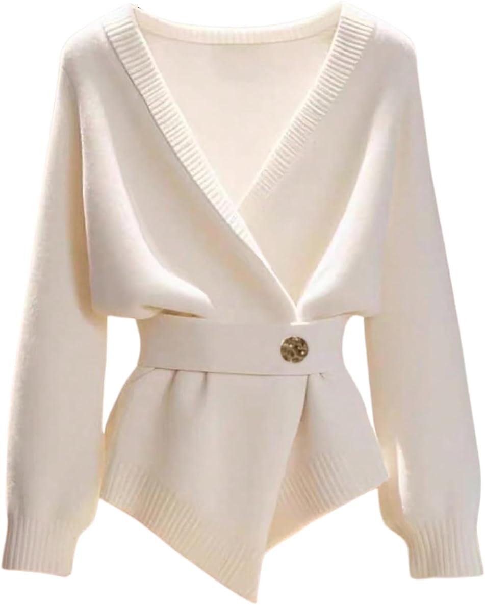 Verdusa Women's Old Money Wrap Sweater Asymmetrical Cinched Waist Belted Comfy Cardigan