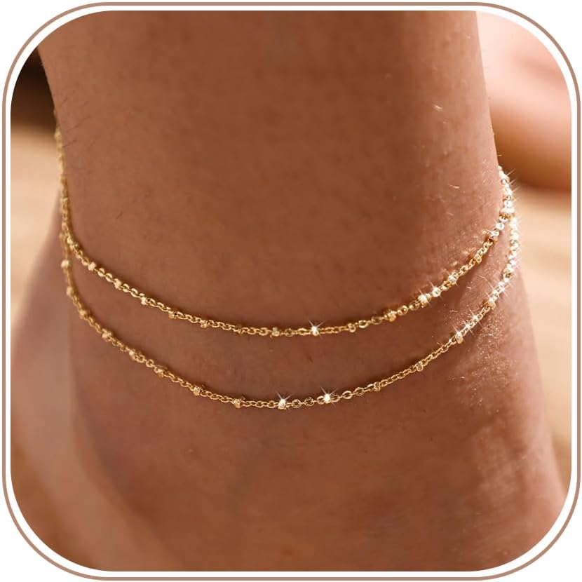 MIDEEO Gold/Silver Ankle Bracelets for Women,14K Gold Anklets for Women Waterproof Cuban Link Heart Beads Herringbone Rhinestone Anklets Set Layered Anklet Bracelets for Women Gold Jewelry Gift