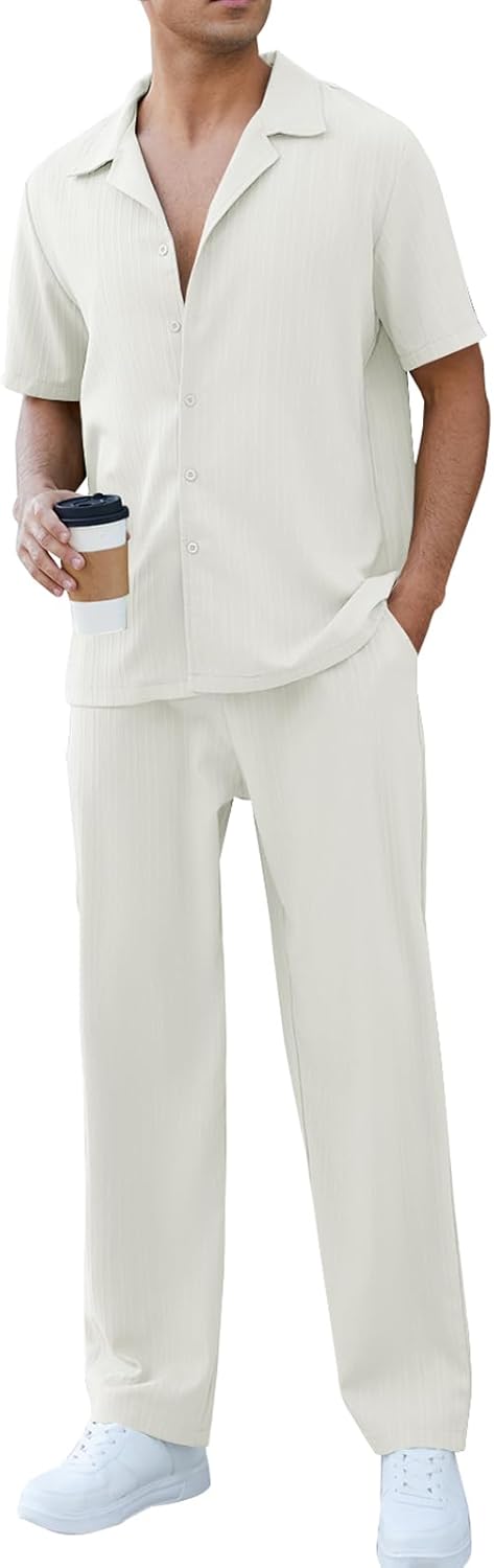 FIMTNES Mens 2 Piece Sets Casual Short Sleeve Button Down Shirts and Loose Pants Summer Beach Vacation Outfits (Beige,M)
