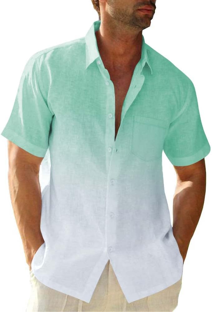 Beotyshow Mens Gradient Linen Shirts Casual Button Down Short Sleeve Beach Summer Shirts