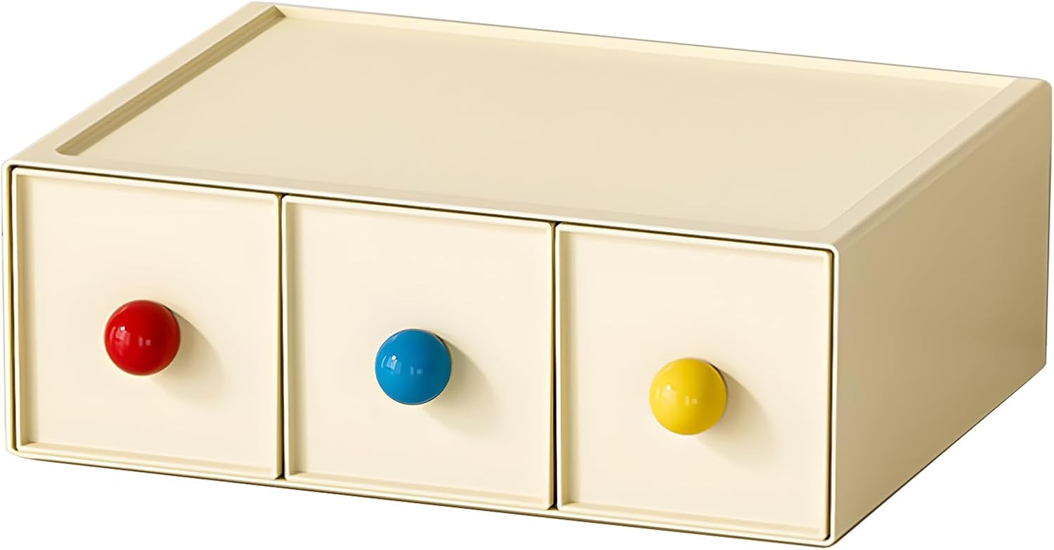 Stackable Desktop Organizer, Small Plastic Storage Box with Drawers | 1 Tier Cream, 3 Mini Drawers, Makeup Organizer Countertop, Pencil Holder, Pencil Box, Coffee Bar Organizer, Storage Bins