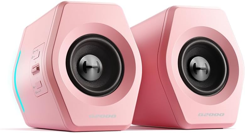 Edifier Hecate RGB Gaming Speakers, 32W Peak Power, Bluetooth, Pink | Game/Movie/Music Modes, 12 RGB Lighting Effects, Compact Design for PC/PS4/Desktop, 2.75" Full-Range Drivers