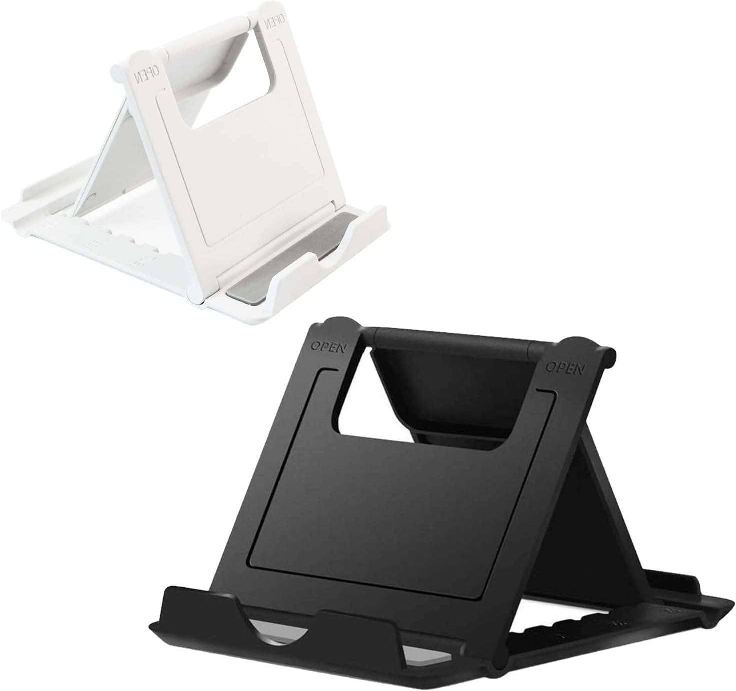 Kemoxan 2 Pack Portable Cell Phone Stand Holder for Desk, Foldable Pocket-Sized Mount, Universal Adjustable Desktop Mobile Phone Kickstand Compatible with iPhone IPads Kindle Android Black & White