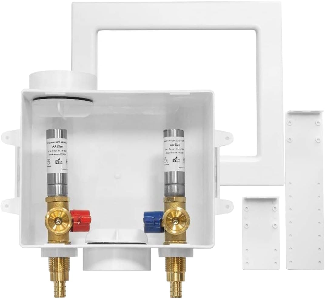 Washing Machine Outlet Box with Stainless Steel Water Hammer Arrestor,1/2 Inch PEX Inlet x 3/4 Inch MHT Outlet Connection Laundry Outlet Boxes,Washer Plumbing Box with Center Drain(WM007)