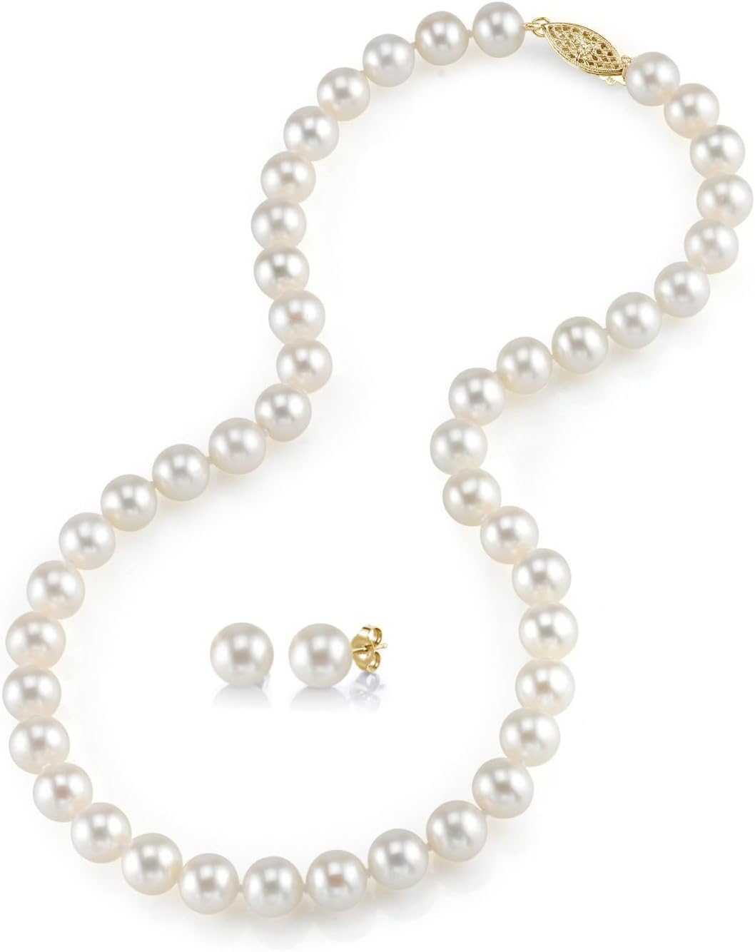The Pearl Source Freshwater Pearl Necklace and Earrings for Women, 6.0mm - Genuine Cultured White Pearls in 14K White Gold, Hypoallergenic Jewelry - Pearl Strand Necklace & Matching Earrings