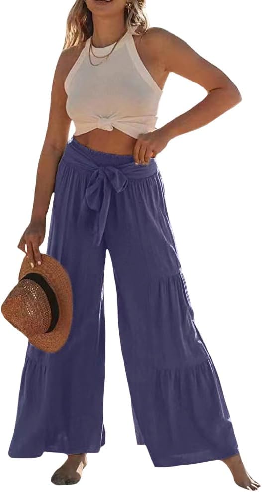 Zhyaj Womens Cotton Linen Wide Leg Flare Pants Fashion Belted High Waisted Layered Smocked Ruffled Solid Lounge Trousers
