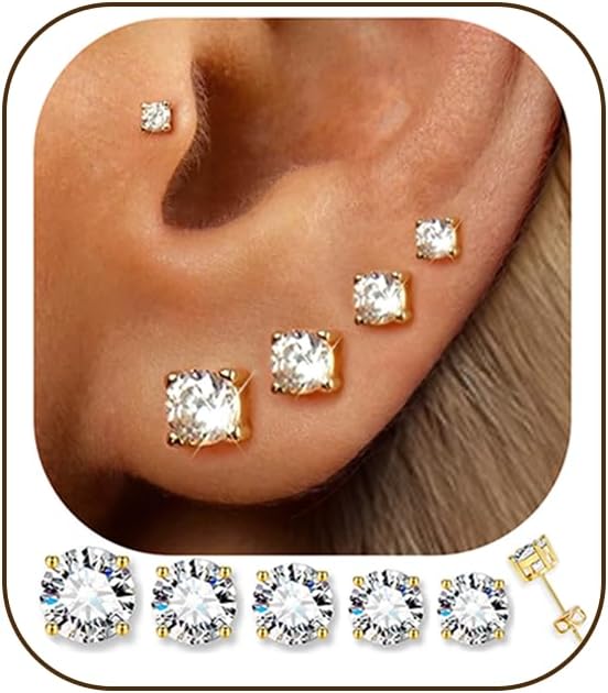 5 Pairs 14K Gold Plated Stud Earrings for Women, Hypoallergenic Earring Sets for Multiple Piercing, Premium Cubic Zirconia Studs Earrings for Women