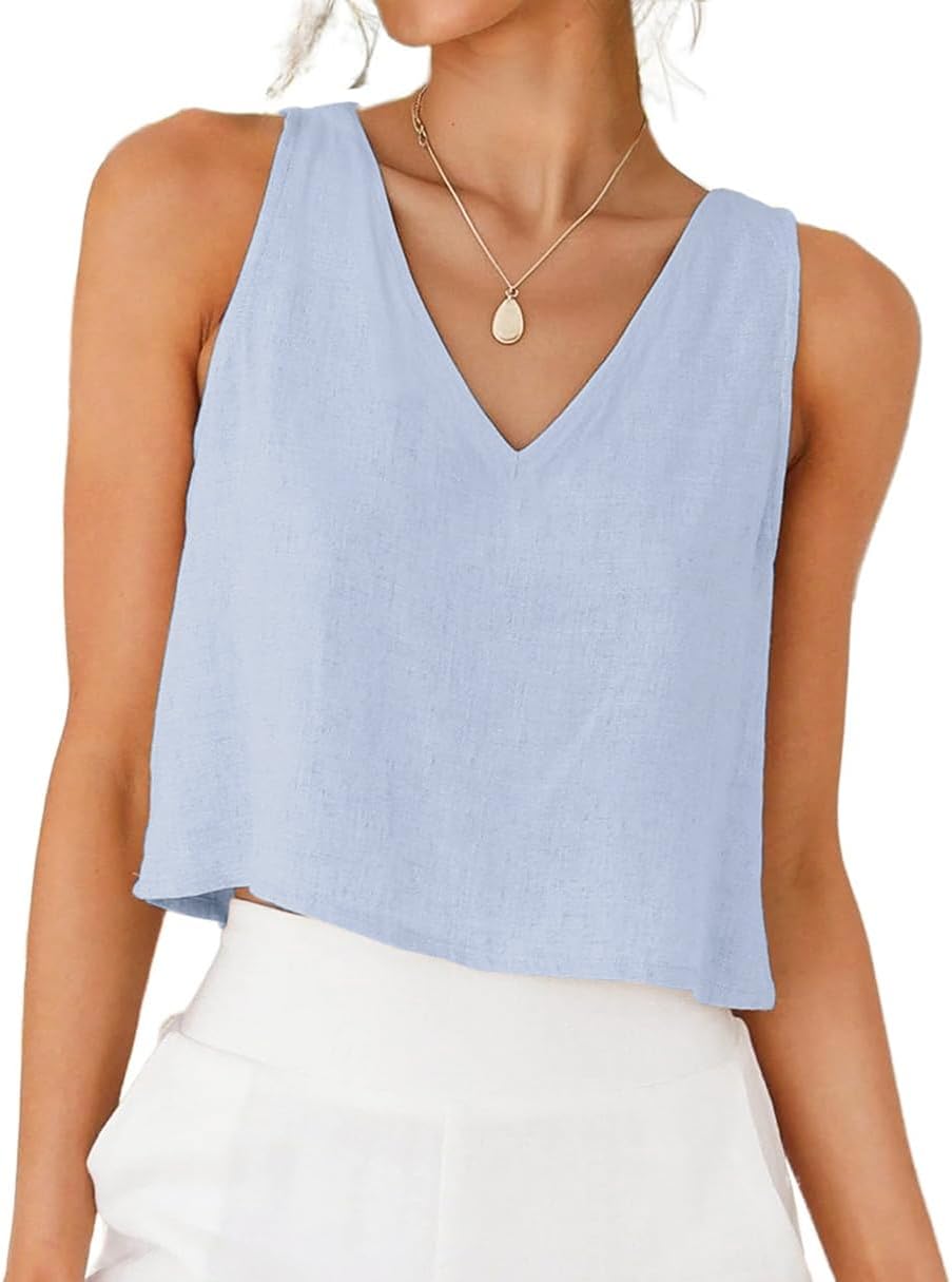 IDEALSANXUN Womens V Neck Linen Tank Tops Spring Summer Sleeveless Shirts