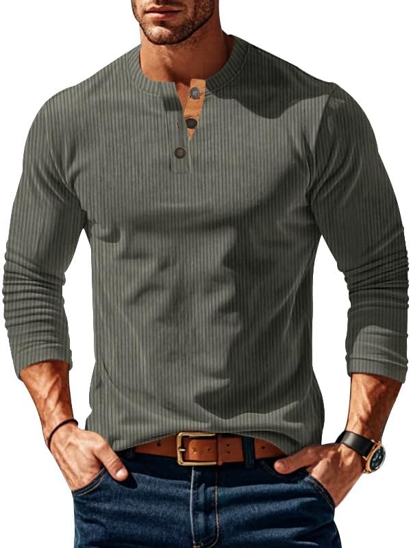 Henley Shirts for Men Corduroy Long Sleeve Casual Vintage Trendy Loose Fit Classic Solid Color Autumn Pullover Tees