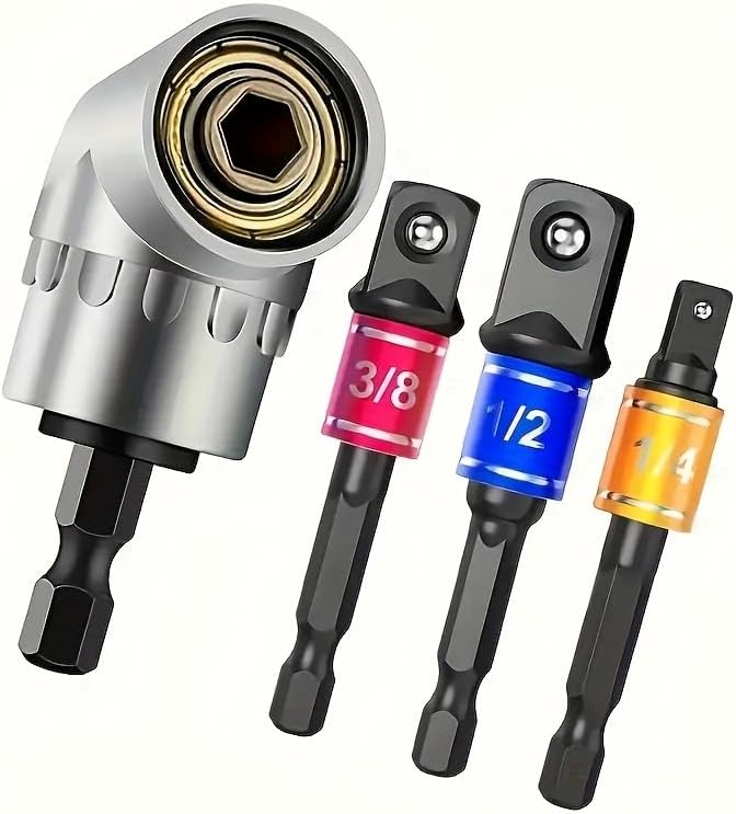 4pcs Impact Grade Power Tool Set with Socket Adapter & Extension - Durable Metal Construction, Includes 1/4", 3/8", 1/2" Hex Shank Drill Bits, Nut Driver, and 105° Right Angle Attachment