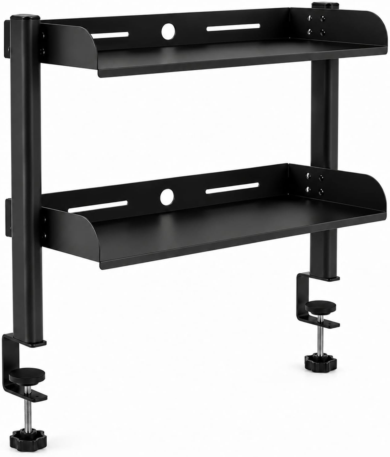 NUOBESTY Clamp On Desk Shelf, 2-Tier Metal Desktop Storage Organizer | Heavy duty black space saver. No-drill attachable hutch for gaming setup, college dorm & home office. Cable routing slots.