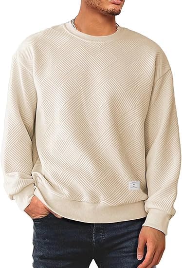 Dokotoo Men Men's Crewneck Sweatshirts Soild Color Geometric Texture Long Sleeve Casual Pullover Shirt
