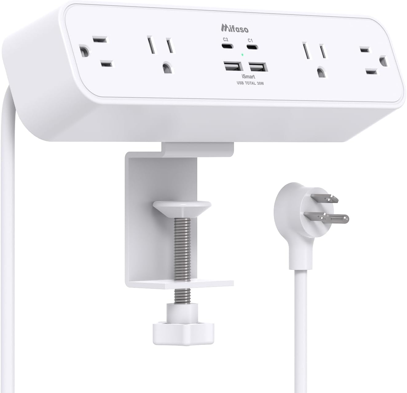Mifaso PD30W Desk Clamp Power Strip, Surge Protector, Fast Charging Station | 4 Outlets, 4 USB (2 USB C), 5FT Extension Cord, Desk Organizer Gaming Accessories Office Essentials, Fits 1.96" Tabletop E
