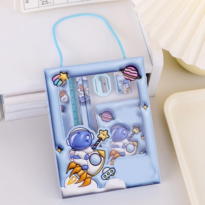 6-Piece Creative Stationery Set, Complete Set of Learning Supplies, Portable Stationery Gift Box Six in One, Suitable for Birthday Gifts, Daily Writing, Artistic Handicraft Use(Astronaut Set-Blue)