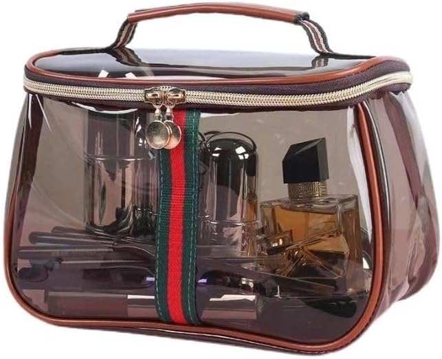 New Retro Vintage Vanity Bag, Clear Makeup Organizer with Handle,Large Capacity Waterproof Makeup Organizer bag with Zipper,Travel Cosmetic & Skincare Storage Case for Ladies (Coffee)