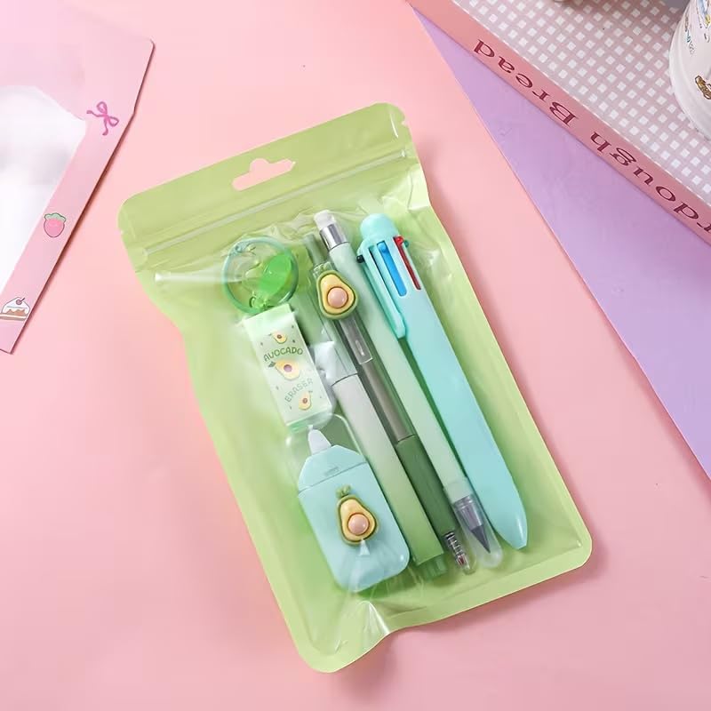 7-in-1 Stationery Set with Gel Pen and 6-Color Ballpoint Pens, Pastel Pink Multi-Functional Design for School, Office, Travel, Green