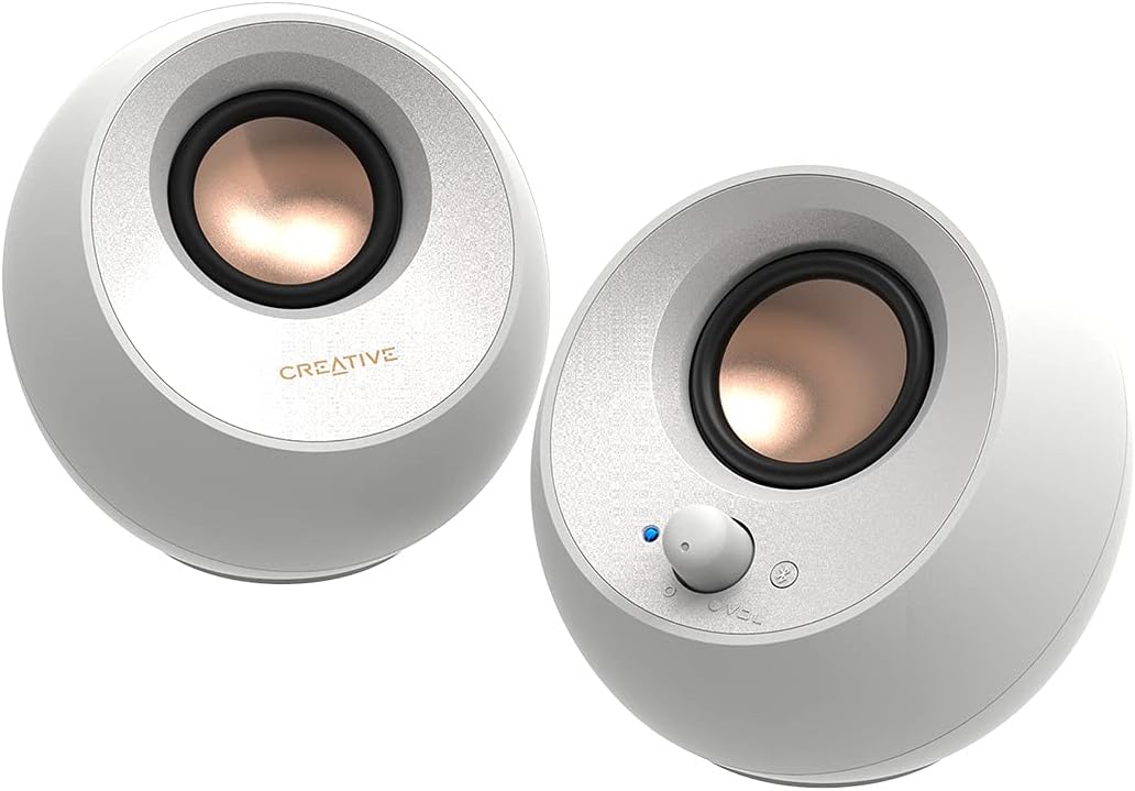 Creative Pebble V3, 2.0 USB-C Desktop Speakers, Bluetooth 5.0, White, USB-A | Bluetooth 5.0, USB-C, 2.0 Speaker, Clear Dialog, 8W RMS, USB-A Adapter, Desktop Speakers, Stereo, White