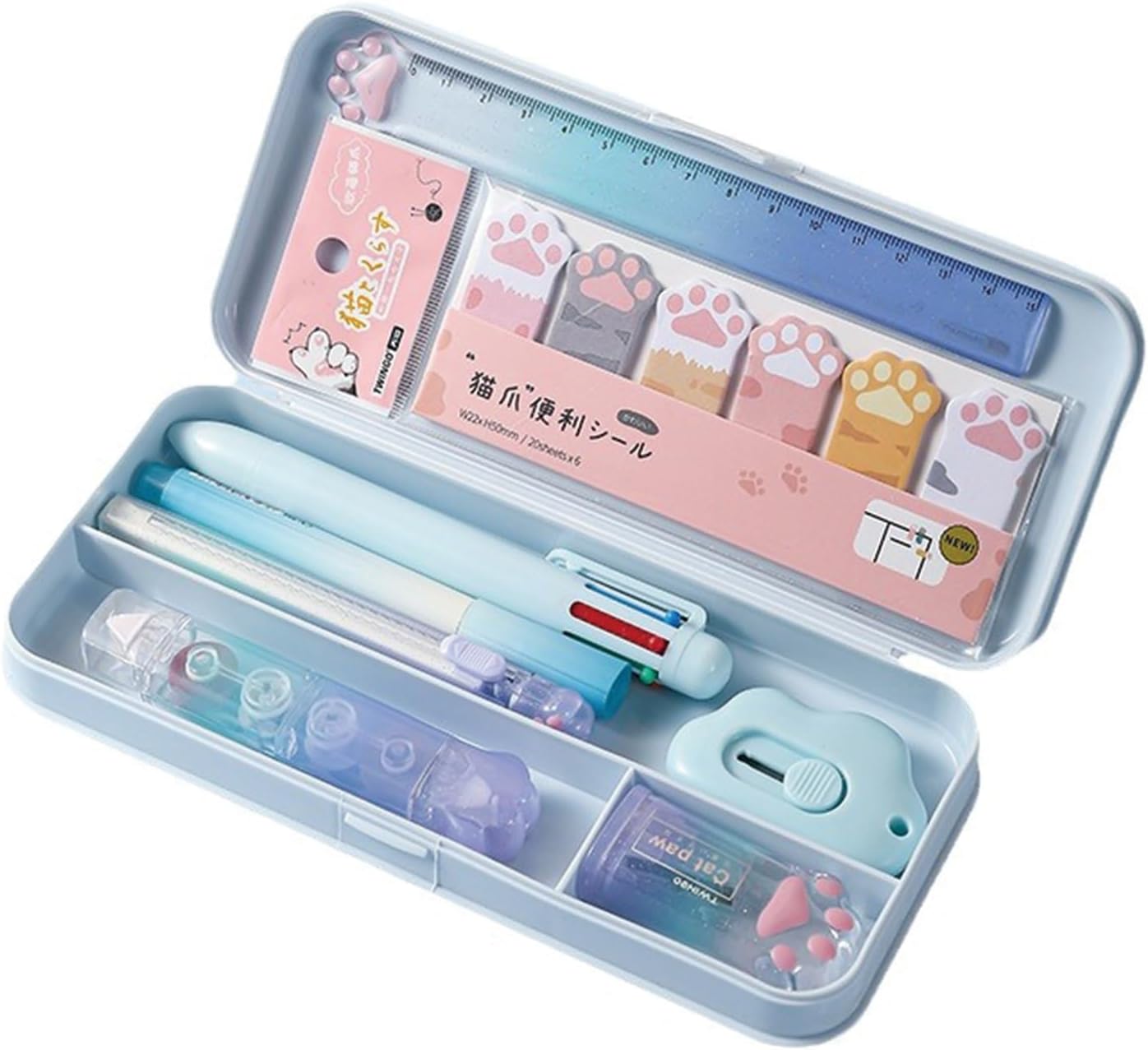 MOZXIRZ 9 Pcs Cute Blue Stationery Set Cat Paw School Supplies Kawaii Office Supplies Including Pens Highlighter Pencil Sharpener Eraser Correction Tape Ruler Sticky Flag Tabs (Gradient Blue)