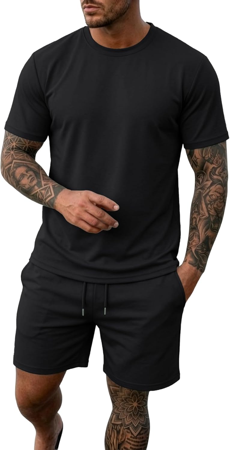 PrinStory 2026 Mens Summer Track Suits 2 Piece Outfits Athletic Sweatsuit Shirts and Shorts Set with Pockets