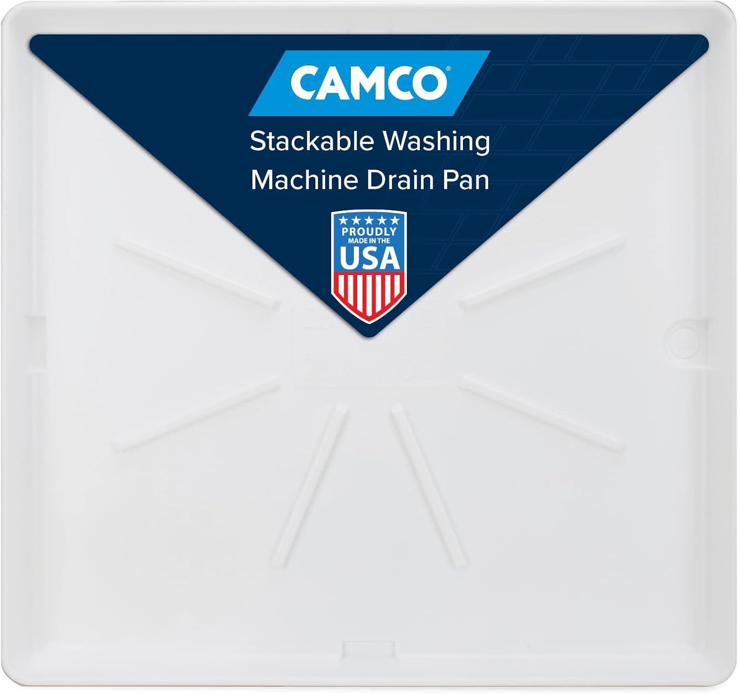 Camco Stackable Washing Machine Drain Pan - Measures 25″ (L) x 27″ (W) ID & 28″ (L) x 30″ (W) x 2 7/16″ (H) OD - Great for Apartment-Sized Washers/Stackable Units - 1"/1.5" PVC Drain Fitting (21006)