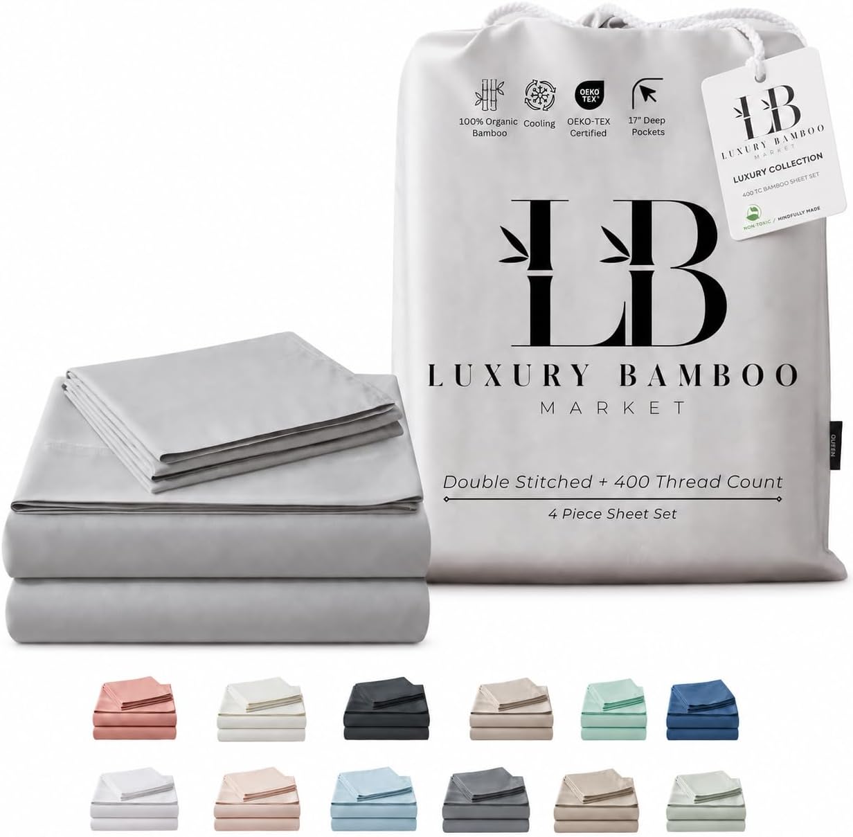 Luxury Bamboo Market | King Size Bed Sheet Set | 100% Viscose Made from Bamboo | Organically Grown | Ultra Soft | Cooling Sheets for Hot Sleepers | 17" Deep Pocket [Dove Grey]