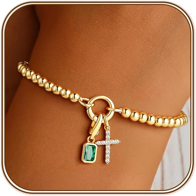Turandoss Gifts for Women Her - 14K Gold Plated Cross Beaded Stretch Birthstone Bracelet, Charm Elastic Simple Christian Jewelry, Minimalist Stackable Bracelets for Her Birthday Gifts