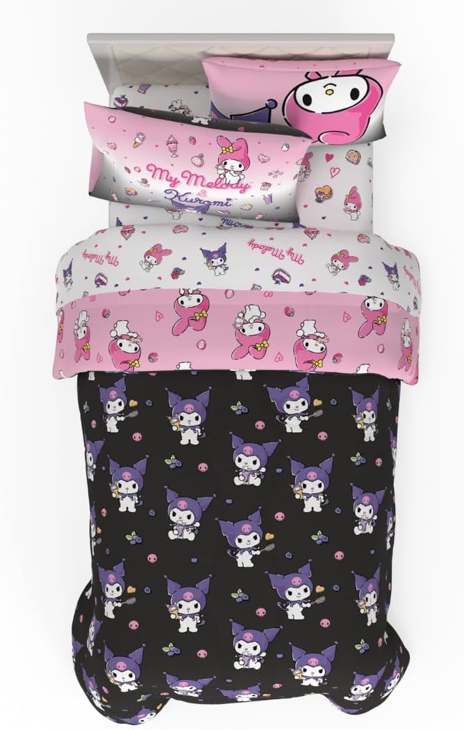 Sanrio Kuromi & My Melody Bedding 5 Piece Super Soft Cozy Reversible Comforter and Sheet Set with Sham, Twin, (Officially Licensed Product) By Franco