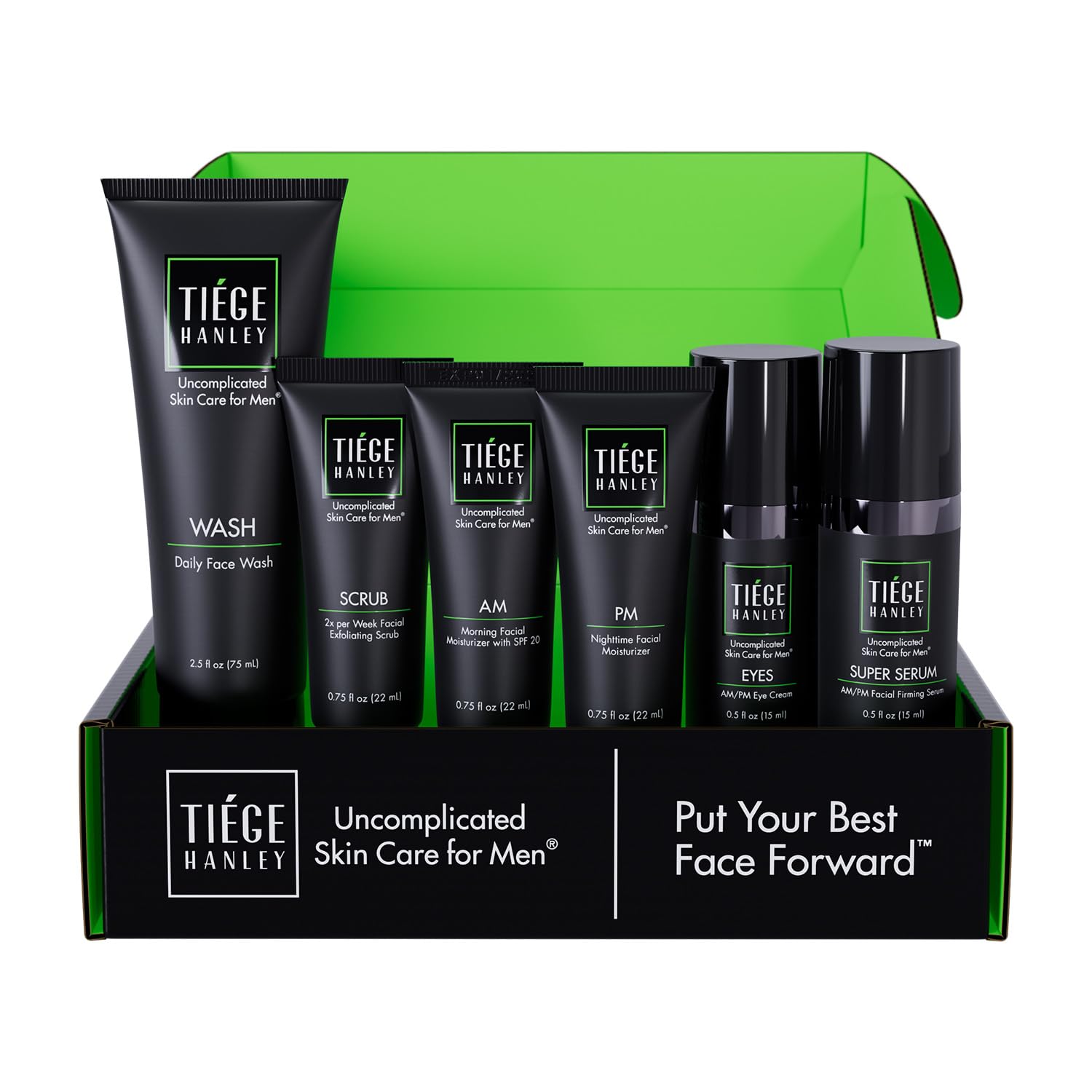 Tiege Hanley Anti-Aging Men's Skin Care Set, 30-Day, 6 Piece Kit | Level 3 Anti-Aging Routine, Daily Face Wash, Facial Scrub, Eye Cream, Serum & AM SPF & PM Moisturizers