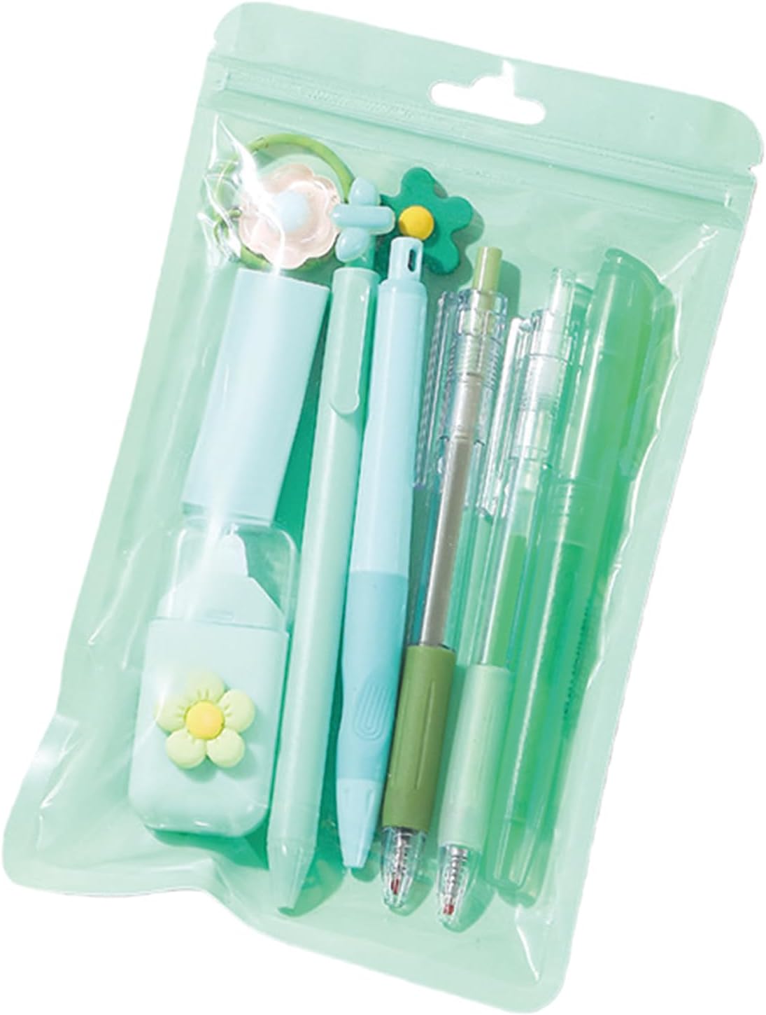 MOZXIRZ 8 Pcs Cute Green Stationery Set for Girls Boys Women Back to School Supplies Office Supplies Kawaii Candy Colors Stationery Gift Including Pen Pencil Highlighter Eraser (Green)