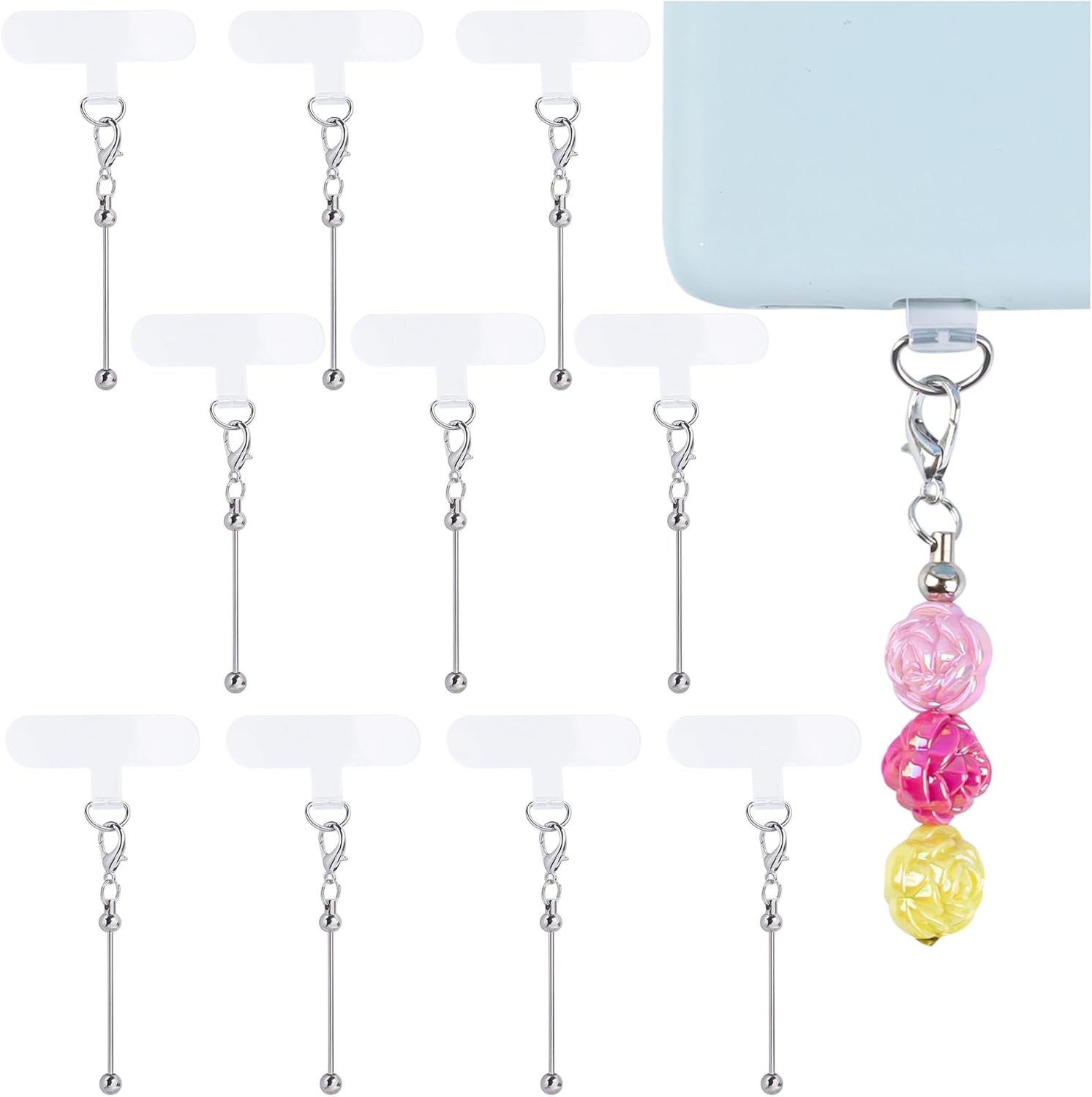 10 Pack Beadable Phone Tether Tap Accessories Lanyard Pad for Mobile Phone (Silver)